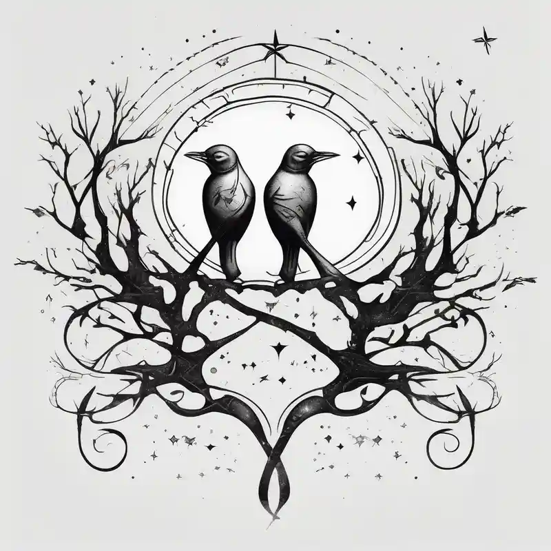 two birds sitting, stars and infinity theme couples tattoo hello kitty tattoo – Surrealista, Colores vivos